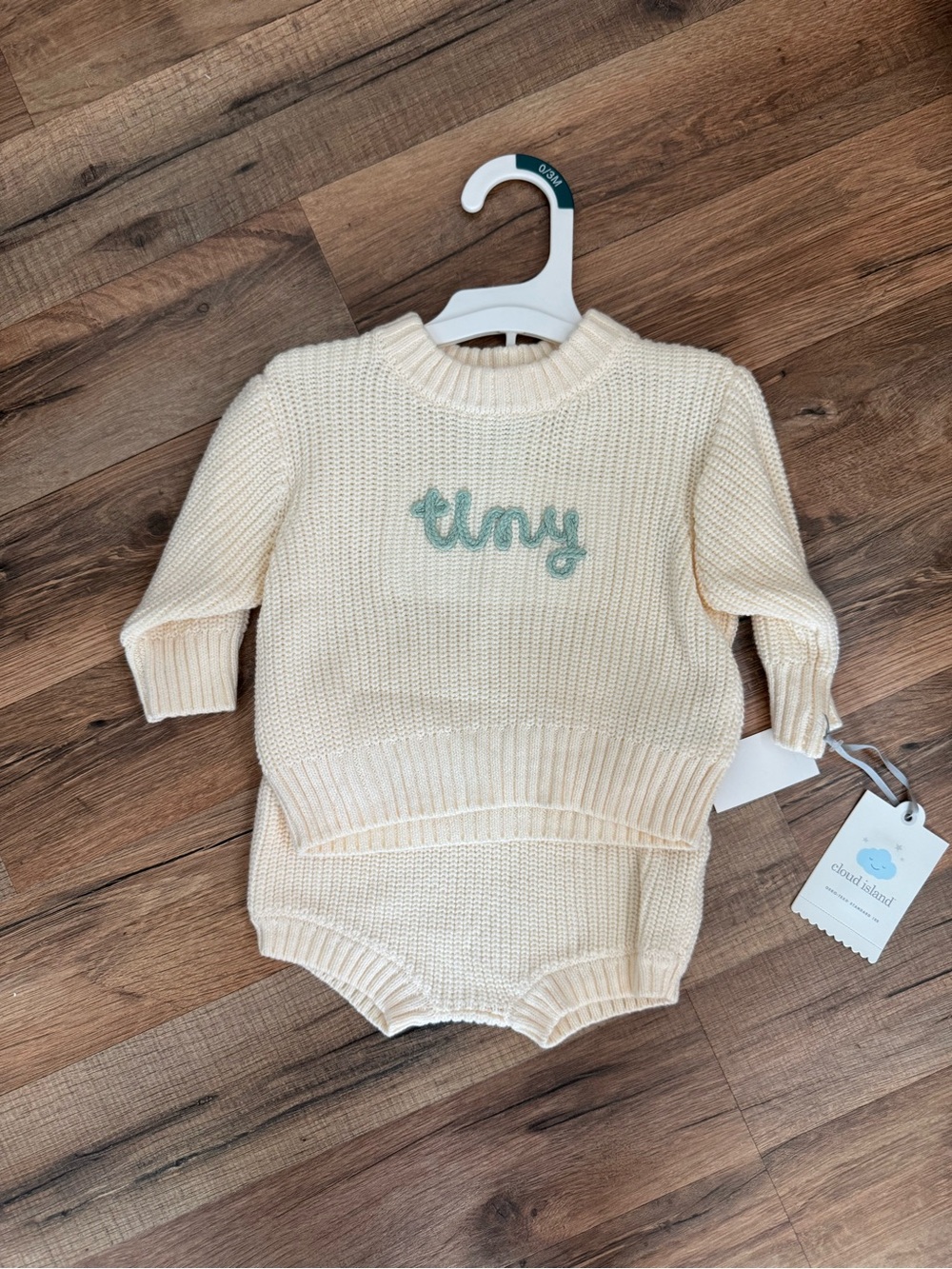 cloud island Cream Knit Sweater Romper Set with Teal 'tiny' Embroidery
